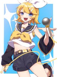 Rule 34 | 1girl, blonde hair, blue eyes, bow, bow hairband, hairband, highres, kagamine rin, looking at viewer, open mouth, short hair, smile, solo, soramame pikuto, vocaloid