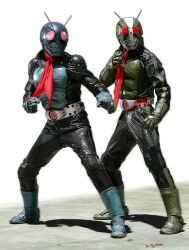 Rule 34 | 2boys, antennae, aqua armor, aqua footwear, aqua gloves, armor, armored bodysuit, artist name, black mask, commentary request, compound eyes, dias (tajima kouki), fighting stance, full body, gloves, green armor, green footwear, green gloves, green mask, highres, kamen rider, kamen rider 1, kamen rider 2, kamen rider the first, multiple boys, partial commentary, pink eyes, red eyes, rider belt, shoulder armor, simple background, standing, typhoon (kamen rider), white background
