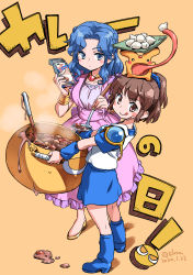 Rule 34 | 2girls, absurdres, arle nadja, blue hair, blue skirt, breasts, brown eyes, brown hair, character request, closed mouth, cooking pot, creature, dated, dress, full body, highres, holding cooking pot, isedaichi ken, long hair, looking at viewer, multiple girls, puyopuyo, short hair, simple background, skirt, smile