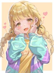 Rule 34 | 1girl, blonde hair, blush, braid, fang, fujita kotone, gakuen idolmaster, hair ornament, hairclip, hands on own cheeks, hands on own face, heart, highres, idolmaster, jacket, long hair, looking at viewer, open clothes, open jacket, open mouth, smile, solo, track jacket, twin braids, upper body, wari sando