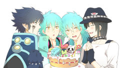 Rule 34 | 10s, 4boys, bad id, bad pixiv id, birthday cake, black hair, blue hair, cake, dog, dramatical murder, dual persona, fingerless gloves, food, gloves, hat, male focus, multiple boys, own hands together, ren (dramatical murder), sei (dramatical murder), seragaki aoba, smile, sora08, yellow eyes