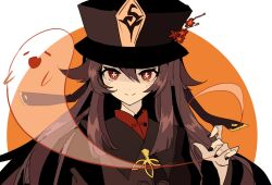 Rule 34 | 1girl, black hat, black nails, boo tao (genshin impact), brown coat, brown hair, closed mouth, coat, flower, flower-shaped pupils, genshin impact, ghost, hair between eyes, hat, hat flower, hu tao (genshin impact), light blush, long hair, long sleeves, looking at viewer, orange eyes, penzi (mok pen), simple background, sketch, smile, solo, symbol-shaped pupils, twintails, upper body