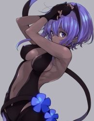 Rule 34 | 1girl, backless outfit, bare shoulders, black gloves, breasts, dark skin, dark-skinned female, covered erect nipples, fate/prototype, fate/prototype: fragments of blue and silver, fate (series), fingerless gloves, gloves, grey background, hairband, hands up, hassan of serenity (fate), highres, imigimuru, looking at viewer, medium breasts, navel, purple eyes, purple hair, short hair, simple background, solo