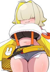 Rule 34 | 1girl, :3, ahoge, black sports bra, blonde hair, blush, breasts, clothing cutout, crop top, cropped sweater, elegg (nikke), exposed pocket, fang, goddess of victory: nikke, grey shorts, hair intakes, hair over eyes, large breasts, long bangs, long sleeves, micro shorts, miyazero, multicolored hair, navel, short hair, shorts, shoulder cutout, simple background, solo, sports bra, suspender shorts, suspenders, thigh strap, thighs, twitter username, two-tone hair, white background