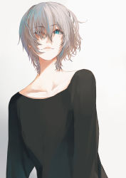 Rule 34 | 1girl, black sweater, blue eyes, brown hair, character request, collarbone, commentary request, earrings, from below, idolmaster, idolmaster cinderella girls, jewelry, looking at viewer, one eye closed, sawarakajin, short hair, simple background, smile, solo, sweater, white background