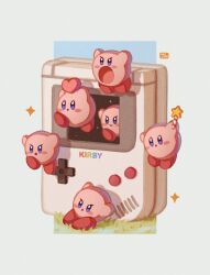 Rule 34 | :o, arms up, blue background, blue eyes, blush stickers, clone, closed mouth, colored skin, commentary, english commentary, game boy, handheld game console, heart, highres, holding, holding heart, holding wand, kirby, kirby (series), nintendo, no humans, on grass, open mouth, oversized object, pink skin, red footwear, redrawn, sample watermark, shadow, shoes, simple background, smile, space, sparkling eyes, star (sky), star rod, v-shaped eyes, wand, watermark, xin (kalijifan)