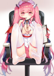 Rule 34 | 14c, 1girl, absurdres, ahoge, azur lane, blush, breasts, breasts apart, brown background, cameltoe, chair, clipboard, demon wings, dress, full body, gloves, gradient background, half gloves, hat, highres, holding, holding pencil, knees up, lanyard, long hair, mechanical pencil, medium breasts, no shoes, nurse, nurse cap, office chair, on chair, panties, pencil, perseus (azur lane), perseus (unfamiliar duties) (azur lane), pink eyes, pink gloves, pink hair, pink panties, puffy sleeves, red wings, soles, solo, swivel chair, thighhighs, twintails, underwear, very long hair, white background, white dress, white hat, white thighhighs, wings