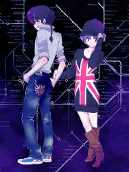 Rule 34 | 1boy, 1girl, amano ren, bad id, bad pixiv id, baseball cap, boots, braid, casual, dress, flag print, hands on own hips, hat, highres, crossed legs, london underground, long hair, mouse tail, pants, ponytail, ranma 1/2, saotome ranma, shirt, shoes, short hair, single braid, standing, subway, sweater, sweater dress, tail, tendou akane, union jack, united kingdom