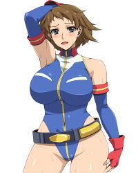 Rule 34 | 10s, 1girl, ameoto, armpits, belt, blue eyes, blue leotard, blush, breasts, brown hair, commentary request, cosplay, elbow gloves, fingerless gloves, gloves, gundam, gundam build divers, gundam card builder, highleg, highleg leotard, large breasts, leotard, looking at viewer, nanase nanami (gundam build divers), open mouth, reiko holinger, reiko holinger (cosplay), shiny clothes, shiny skin, short hair, simple background, sleeveless, smile, solo, sweat, white background