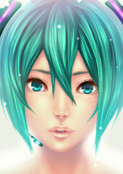 Rule 34 | 1girl, aqua eyes, aqua hair, bad id, bad pixiv id, close-up, hatsune miku, headset, highres, light smile, lips, looking at viewer, nose, parted lips, rokko, short hair, solo, vocaloid