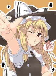 Rule 34 | 1girl, ;o, blonde hair, blowing kiss, blush, breasts, female focus, heart, kirisame marisa, lock heart (juuryokudou), long hair, looking at viewer, one eye closed, parted lips, small breasts, solo, touhou, wink, witch