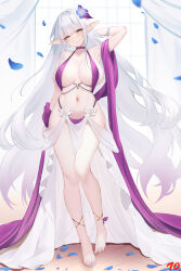 1girl absurdly_long_hair arm_at_side arm_up barefoot breasts brown_eyes choker closed_mouth collarbone curtains dress elf feet flower full_body grey_hair hair_between_eyes hair_flower hair_ornament highres large_breasts long_hair nanoda002_(saber427) original pointy_ears purple_choker purple_dress purple_flower revealing_clothes sidelocks smile solo standing toes very_long_hair window wooden_floor