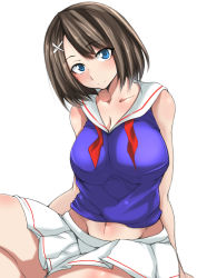 Rule 34 | 10s, 1girl, bare arms, bare legs, bare shoulders, blue eyes, breasts, brown hair, dress, gggg, hair ornament, highres, kantai collection, large breasts, maya (kancolle), pleated skirt, sailor dress, school uniform, serafuku, short hair, sitting, skirt, sleeveless, smile, solo
