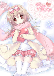 Rule 34 | 1girl, :o, blush, bow, coat, english text, hair bow, happy valentine, heart, holding, holding heart, knees together feet apart, light brown hair, long hair, long scarf, long sleeves, looking at viewer, nanase miori, original, pink bow, pink scarf, pink skirt, plaid, plaid skirt, pleated skirt, red eyes, scarf, shirt, skirt, snowflake background, solo, thighhighs, valentine, white background, white bow, white shirt, white thighhighs