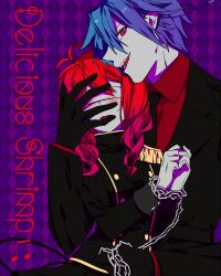 Rule 34 | 1boy, 1girl, black jacket, black necktie, blue hair, blush, chained wrists, checkered background, collared shirt, epaulettes, facing to the side, facing viewer, funamusea, hand on another&#039;s face, hetero, hijoushiki roc, jacket, lobco (funamusea), long sleeves, looking at viewer, medium hair, necktie, oounabara to wadanohara, open mouth, purple background, red eyes, red hair, red shirt, shirt, tekki (tki)