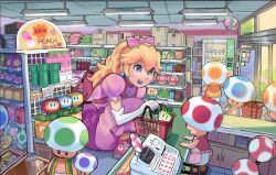 Rule 34 | 1girl, 6+others, ? block, backpack, bag, blonde hair, blooper (mario), blue toad (mario), calilo, cash register, character charm, charm (object), dress, fire flower, green shell (mario), green toad (mario), groceries, highres, ice flower, kirby, kirby (series), mario, mario (series), multiple others, mushroom, nintendo, pink dress, princess peach, princess peach: showtime!, red toad (mario), shoes, shop, smile, sneakers, squatting, stella (peach), super mushroom, super star (mario), toad (mario), turnip (mario), warp pipe, yellow toad (mario)