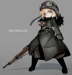 Rule 34 | 1girl, blonde hair, blue eyes, boots, closed mouth, gloves, goggles, goggles on headwear, gun, hat, karukan (monjya), looking at viewer, military, military uniform, short hair, simple background, solo, tanya degurechaff, uniform, weapon, youjo senki