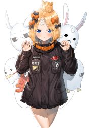 Rule 34 | 1girl, abigail williams (fate), abigail williams (traveling outfit) (fate), absurdres, alternate hairstyle, artist request, balloon, bandaid, bandaid on face, bandaid on forehead, belt, black bow, black jacket, blonde hair, blue eyes, blue nails, blush, bow, crossed bandaids, fate/grand order, fate (series), forehead, fou (fate), hair bow, hair bun, heroic spirit traveling outfit, high collar, highres, jacket, long hair, long sleeves, looking at viewer, medjed (fate), nail polish, official alternate costume, open mouth, orange bow, parted bangs, polka dot, polka dot bow, simple background, single hair bun, solo, stuffed animal, stuffed toy, teddy bear, thighs, white background