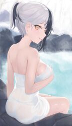 Rule 34 | 1girl, absurdres, ass, black hair, breasts, from behind, highres, hololive, hololive english, large breasts, multicolored hair, naked towel, onsen, shiori novella, short ponytail, sitting, soaking feet, split-color hair, steam, towel, twitter username, virtual youtuber, wet, white hair, yellow eyes, zinkaa