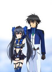 Rule 34 | 00s, 10s, 1boy, 1girl, absurdres, artist request, bare shoulders, black hair, blush, bow, breasts, brown hair, cleavage, crossover, detached sleeves, gundam, gundam 00, hair bow, hair ornament, hand on another&#039;s head, highres, holding head, kami jigen game neptune v, long hair, neptune (series), noire (neptunia), open mouth, red eyes, setsuna f. seiei, short hair, skirt, skirt tug, smile, thighhighs, twintails, very long hair