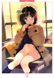 Rule 34 | 1girl, absurdres, artist name, backlighting, black hair, black socks, blue dress, blunt bangs, blush, brown coat, classroom, closed mouth, clothes lift, coat, desk, dress, dress lift, duffel coat, evening, groin, head tilt, highres, hood, hood up, hooded coat, indoors, kneehighs, knees together feet apart, lens flare, lifting own clothes, lips, long sleeves, looking at viewer, mamita, no panties, on table, scan, school, school desk, sitting, sleeves past wrists, smile, socks, solo, sunlight, table, yellow eyes