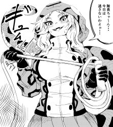 Rule 34 | 1girl, ^^^, african rock python (kemono friends), animal print, blush, drawstring, eyelashes, fangs, gloves, greyscale, highres, holding, holding whip, hood, hood up, hooded jacket, jacket, kemono friends, long hair, long sleeves, looking at viewer, mamiyama, monochrome, open mouth, print jacket, skirt, smile, snake print, snake tail, solo, sweat, tail, translation request, tsurime, upper body, whip, zipper