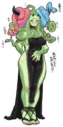 Rule 34 | 1girl, black dress, blush, breasts, choker, claws, colored skin, curvy, dress, feet, snake hair, green skin, high heels, hip focus, horns, impossible clothes, impossible dress, large breasts, long image, monster girl, nezunezu, plump, pointy ears, scales, shoes, sideboob, snake, solo, tall image, translated, wide hips