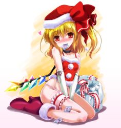 Rule 34 | 1girl, bag, blonde hair, blush, bow, bridal garter, choker, christmas, condom, condom in mouth, condom wrapper, crystal, elbow gloves, female focus, flandre scarlet, frills, gloves, hat, heart, high heels, highres, mouth hold, multiple condoms, no pants, panties, red eyes, sabotaged condom, santa hat, seiza, shoes, side ponytail, sitting, solo, touhou, underwear, white gloves, wings, yamu (reverse noise)