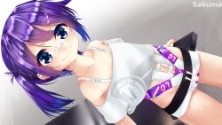 Rule 34 | 1girl, absurdres, artist name, bandaid, bandaid on face, bandaid on nose, blue eyes, child, crop top, hair ornament, hairclip, highres, huge filesize, indie virtual youtuber, long hair, looking at viewer, low twintails, melody (projektmelody), micro shorts, navel, purple hair, sakuma (user zzes7733), shirt, short shorts, short sleeves, shorts, smile, solo, table, twintails, virtual youtuber, vshojo, watermark, white shirt, white shorts, zipper
