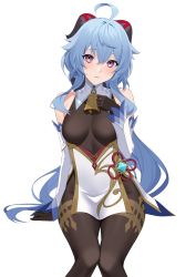 Rule 34 | 1girl, ahoge, arm support, bad id, bad twitter id, bare shoulders, bell, black gloves, black legwear, blue hair, breasts, chinese knot, detached sleeves, flower knot, ganyu (genshin impact), genshin impact, gloves, gold trim, hand on own chest, highres, horns, impossible clothes, kuen (kuennn12), long hair, looking at viewer, medium breasts, neck bell, open mouth, pelvic curtain, purple eyes, sidelocks, sitting, solo, thighlet, thighs, vision (genshin impact), white background, white sleeves
