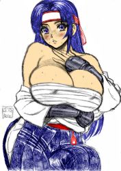 Rule 34 | 1girl, alternate breast size, blue hair, blush, breast hold, breast suppress, breasts, cleavage, curvy, hakama, hakama skirt, japanese clothes, large breasts, long hair, looking at viewer, purple eyes, ryuuko no ken, skidrow, skindentation, skirt, snk, solo, sweat, the king of fighters, thick thighs, thighs, third-party edit, todoh kasumi, toudou kasumi