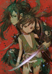 Rule 34 | 1boy, 1girl, amputee, black eyes, black hair, brown eyes, choker, commentary request, dororo (character), dororo (tezuka), expressionless, flat chest, guest art, highres, hyakkimaru (dororo), japanese clothes, kimono, long hair, looking at viewer, murata range, prosthesis, prosthetic weapon, red background, short hair