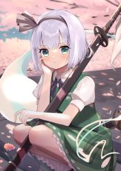 Rule 34 | 1girl, blue sky, bow, cherry blossoms, closed mouth, collar, dress, eyes visible through hair, flower, ghost, goma (u p), green dress, green eyes, grey bow, grey hairband, grey neckwear, hair between eyes, hairband, hand on own face, hand up, highres, katana, konpaku youmu, konpaku youmu (ghost), looking at viewer, petals, pink flower, puffy short sleeves, puffy sleeves, shirt, short hair, short sleeves, silver hair, sky, solo, sword, touhou, tree, weapon, white collar, white shirt, white sleeves
