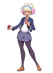 Rule 34 | 1girl, black pantyhose, blonde hair, brown footwear, commentary request, creatures (company), earrings, eyelashes, full body, game freak, genzoman, green eyes, grey skirt, holding, holding poke ball, jacket, jewelry, long sleeves, looking to the side, multicolored hair, necktie, nintendo, open clothes, open jacket, open mouth, pantyhose, peonia (pokemon), pink hair, pleated skirt, poke ball, poke ball (basic), pokemon, pokemon swsh, shirt, shoes, short hair, simple background, skirt, solo, standing, teeth, tongue, two-tone hair, white background, white shirt