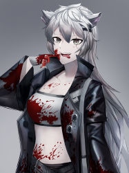 Rule 34 | 1girl, :d, animal ears, arknights, bandeau, black jacket, blood, blood on clothes, blood on face, blood on hands, breasts, commentary, gradient background, grey background, grey eyes, hair between eyes, hair ornament, hairclip, hand up, jacket, lappland (arknights), long hair, long sleeves, looking at viewer, medium breasts, midriff, navel, open clothes, open jacket, open mouth, scar, scar across eye, scar on face, silver hair, skl, smile, solo, stomach, strapless, tongue, tongue out, tube top, upper body, very long hair, wide sleeves, wolf ears