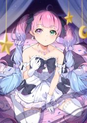 Rule 34 | 1girl, absurdres, anbasa (amaneyuz13), black bow, black ribbon, blue hair, bow, candy hair ornament, crescent, crescent earrings, crescent necklace, dress, earrings, food-themed hair ornament, gloves, gradient hair, green eyes, hair ornament, hair ribbon, heterochromia, highres, himemori luna, himemori luna (4th costume), hololive, jewelry, long hair, multicolored hair, necklace, pink hair, purple eyes, ribbon, solo, star (symbol), star hair ornament, star necklace, strapless, strapless dress, thighhighs, twintails, very long hair, virtual youtuber, white dress, white gloves, white thighhighs