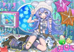 Rule 34 | 1girl, animal hat, bag, commentary request, commission, denim, denim shorts, dolphin, fish, food, hat, highres, ice cream, ice cream float, indie virtual youtuber, leg warmers, long hair, melon soda, midriff, mizushino mion, poin (goruchopame), purple eyes, purple hair, scarf, second-party source, shoes, shorts, shoulder bag, sitting, smile, solo, star (symbol), television, v, virtual youtuber, y2k fashion