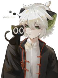 Rule 34 | 1boy, 5795648508, absurdres, animal, animal ears, animal on shoulder, arknights, bishounen, black cat, cat, chinese clothes, english text, green eyes, highres, luo xiaohei, male focus, simple background, solo, luo xiaohei zhanji, upper body, white background, white hair