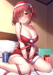 Rule 34 | 1girl, bare shoulders, bed, blush, box, breasts, cleavage, copyright request, dress, fur-trimmed dress, fur trim, gift, gift box, hair ornament, hat, indoors, karutamo, large breasts, long hair, looking at viewer, red dress, red hat, santa costume, santa dress, santa hat, smile, solo