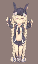 Rule 34 | 1girl, absurdres, animal hat, animal print, blonde hair, braid, collarbone, dog tags, fingerless gloves, flat chest, full body, girls&#039; frontline, gloves, grey background, hair between eyes, hair ornament, half-closed eyes, hat, highres, long hair, looking at viewer, miniskirt, navel, necktie, no bra, open clothes, open mouth, open shirt, outstretched arms, pink eyes, pkpkpppk, pleated skirt, rabbit hat, rabbit print, sandals, shirt, short necktie, simple background, skirt, sleeveless, sleeveless shirt, solo, sr-3mp (girls&#039; frontline), standing, teeth, thigh strap, twin braids, twintails, very long hair, vest, white shirt, wing collar