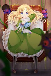 Rule 34 | 1girl, blonde hair, blue eyes, blue flower, blue neckerchief, blue rose, blue skin, blurry, blurry foreground, brown hair, colored skin, commentary, doll, doll (ib), dress, flower, framed, frilled dress, frills, full body, green dress, holding, holding flower, holding knife, ib (kouri), knife, lips, looking at viewer, mary (ib), matatabi dango, neckerchief, paint splatter, palette knife, picture frame, plant, red eyes, rose, smile, standing, upside-down, vines