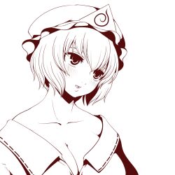 Rule 34 | 1girl, breasts, collarbone, commentary request, greyscale, haseru (ginku mh), hat, large breasts, mob cap, monochrome, open mouth, saigyouji yuyuko, short hair, solo, touhou, triangular headpiece, upper body