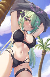 Rule 34 | 1girl, absurdres, bikini, black bikini, black choker, blurry, blurry background, breasts, ceres fauna, choker, cleavage, cowboy shot, flower, from below, gluteal fold, goth fashion, green hair, hair flower, hair ornament, hair ribbon, heart, heart choker, highres, hololive, hololive english, large breasts, long hair, looking at viewer, navel, open mouth, palm tree, ribbon, rooby n, sky, solo, swimsuit, thigh strap, tree, undressing, virtual youtuber, yellow eyes