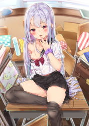 Rule 34 | 1girl, agnamore, bad id, bad pixiv id, bare shoulders, black choker, black sailor collar, black skirt, blurry, blurry background, blush, bow, box, bra, bra pull, breasts, briefcase, cardboard box, chair, choker, clothes pull, collarbone, commentary request, depth of field, desk, foot out of frame, grey thighhighs, half-closed eyes, highres, indoors, long hair, looking at viewer, moe2019, off shoulder, on desk, original, panties, parted lips, pink bra, pink panties, pleated skirt, purple hair, red bow, red eyes, sailor collar, school briefcase, school chair, school desk, school uniform, scrunchie, serafuku, shirt, short sleeves, skirt, small breasts, solo, thighhighs, thighhighs pull, underwear, very long hair, white shirt, wooden floor, wrist scrunchie