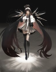 Rule 34 | 1girl, absurdres, arknights, artist name, black eyes, black gloves, black hair, black skirt, black thighhighs, blush, broken halo, closed mouth, commentary, dankashu, energy wings, full body, gloves, halo, highres, hime cut, layered sleeves, long hair, long sleeves, looking at viewer, shirt, short over long sleeves, short sleeves, skirt, smile, solo, thighhighs, untucked shirt, very long hair, virtuosa (arknights), white shirt