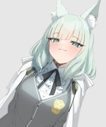 Rule 34 | 1girl, :3, animal ear fluff, animal ears, arknights, black ribbon, blush, breasts, cape, cat ears, collared shirt, dutch angle, green eyes, green hair, grey background, grey sweater vest, harmonie (arknights), long hair, looking at viewer, neck ribbon, ribbon, shirt, simple background, skeptycally, small breasts, smug, solo, sweater vest, twitter username, upper body, white cape, white shirt