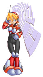 Rule 34 | 1girl, alia (mega man), android, antennae, blonde hair, boots, capcom, covered navel, full body, knee boots, looking at viewer, mega man (series), mega man x (series), robot, short hair, simple background, skin tight, solo, spandex, standing, thigh gap, walkie-talkie, white background
