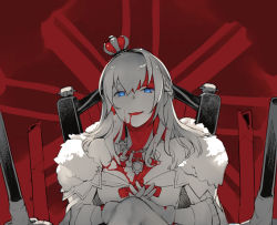 Rule 34 | 1girl, blood, blood from mouth, blood on clothes, blood on face, braid, commentary request, crown, dress, french braid, fur-trimmed dress, fur trim, gloves, greyscale, interlocked fingers, jewelry, kantai collection, kitamura hato, long hair, looking at viewer, mini crown, monochrome, necklace, off-shoulder dress, off shoulder, parted lips, red background, rigging, simple background, solo, spot color, throne, upper body, warspite (kancolle)