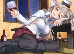 Rule 34 | 1girl, alcohol, alternate costume, armpits, black footwear, black pantyhose, blush, boots, bottle, breasts, brown eyes, cloud, coffee table, collared shirt, corset, cup, drinking glass, drunk, elbows on table, grey hair, hair between eyes, hair over shoulder, half-closed eyes, hat, hazuki akaoto, head on table, holding, holding cup, holding drinking glass, jacket, kantai collection, large breasts, leaning on object, long hair, long sleeves, looking at viewer, midriff peek, mini hat, miniskirt, multiple girls, night, night sky, open mouth, pantyhose, pink scarf, pola (kancolle), scarf, shirt, sideboob, sitting, skirt, sky, smile, solo, sparkle, table, tareme, tatami, thick eyebrows, wavy hair, white jacket, white shirt, window, wine, wine glass, yokozuwari