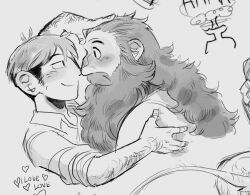 Rule 34 | 2boys, bara, beard, blush, chilchuck tims, couple, cropped torso, doodle inset, dungeon meshi, dwarf, english text, eye contact, facial hair, from side, greyscale, heart, interracial, long beard, looking at another, male focus, monochrome, multiple boys, noses touching, profile, seagiri, senshi (dungeon meshi), sideburns stubble, sideways mouth, sketch, smile, stubble, thick arm hair, thick mustache, very long beard, yaoi